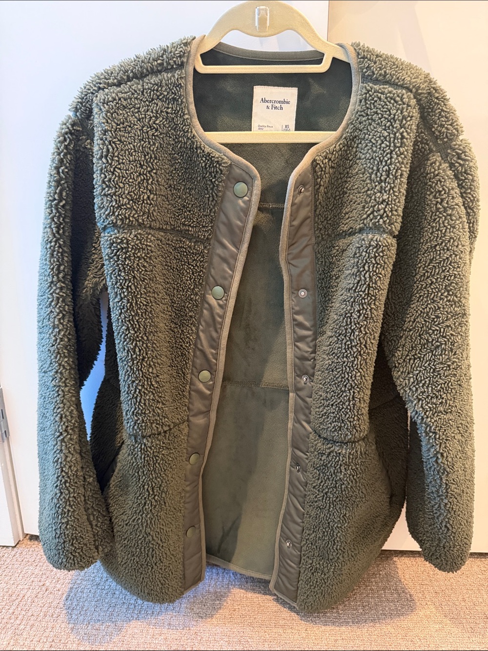 Abercrombie & Fitch Olive Green Teddy Sherpa Snap Jacket